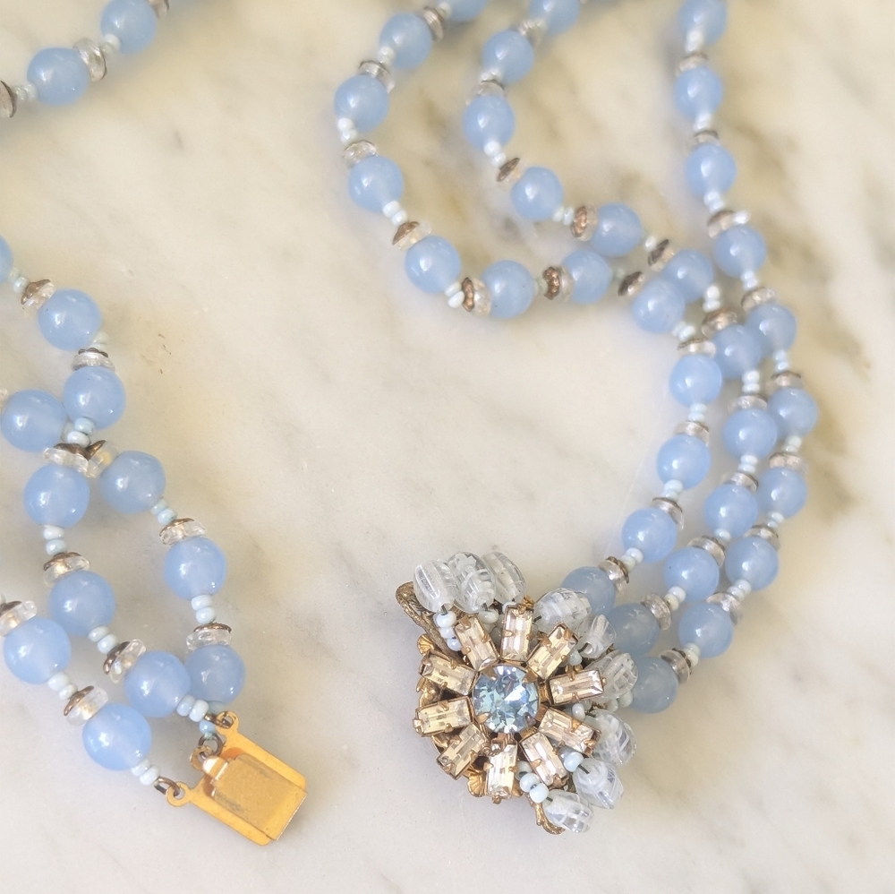 Vintage Signed Miriam Haskell Periwinkle Dusty Blue Rhinestone Necklace Choker